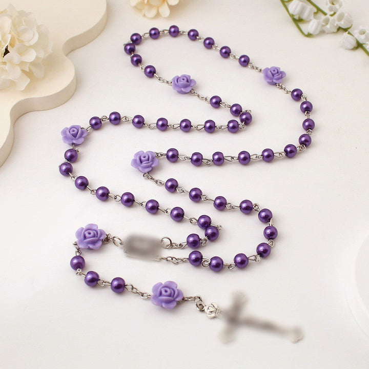 Handmade Purple Pearl & Flower Divine Mercy Rosary