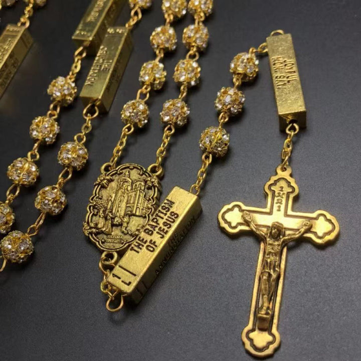 Our Lady of Fátima & Crucifix, Round Golden Metal Gems Alloy Chain Rosary