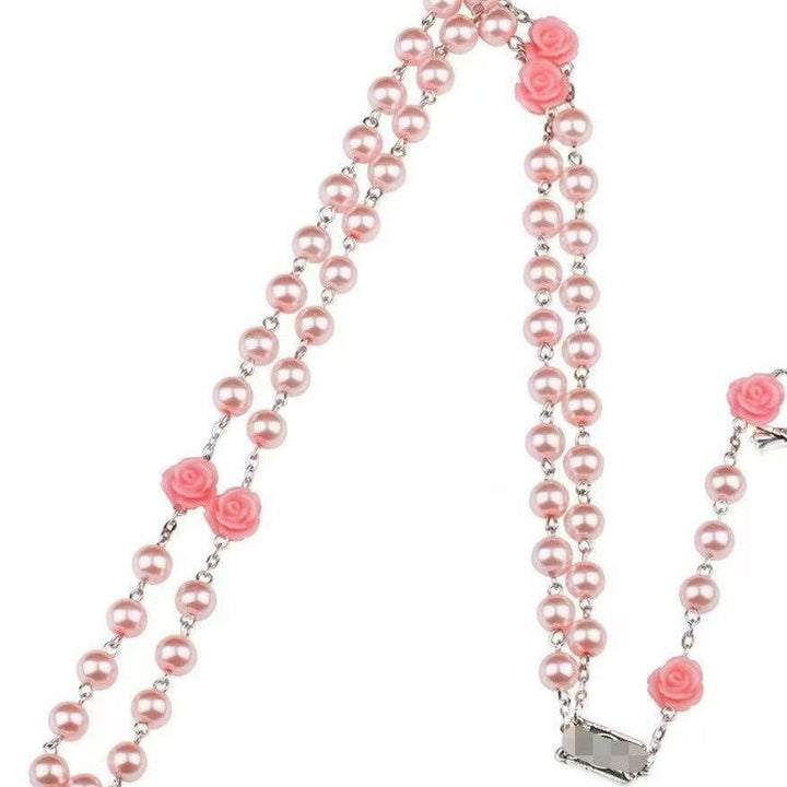 Madonna in Profile & Crucifix, Rose Round Multicolor Pearl Alloy Chain Rosary (8 Colors)