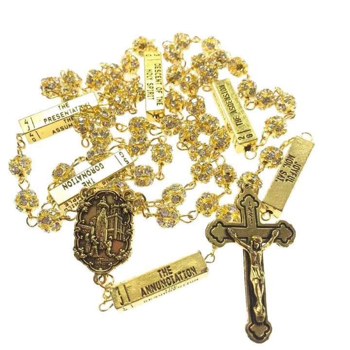 Our Lady of Fátima & Crucifix, Round Golden Metal Gems Alloy Chain Rosary