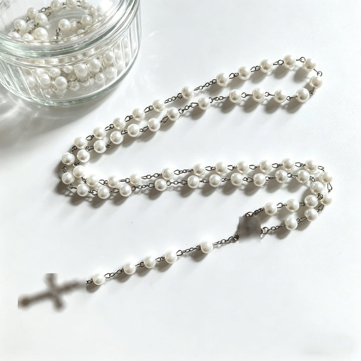 Miraculous Medal & Crucifix, White Pearl Ball Prayer Beads Rosary