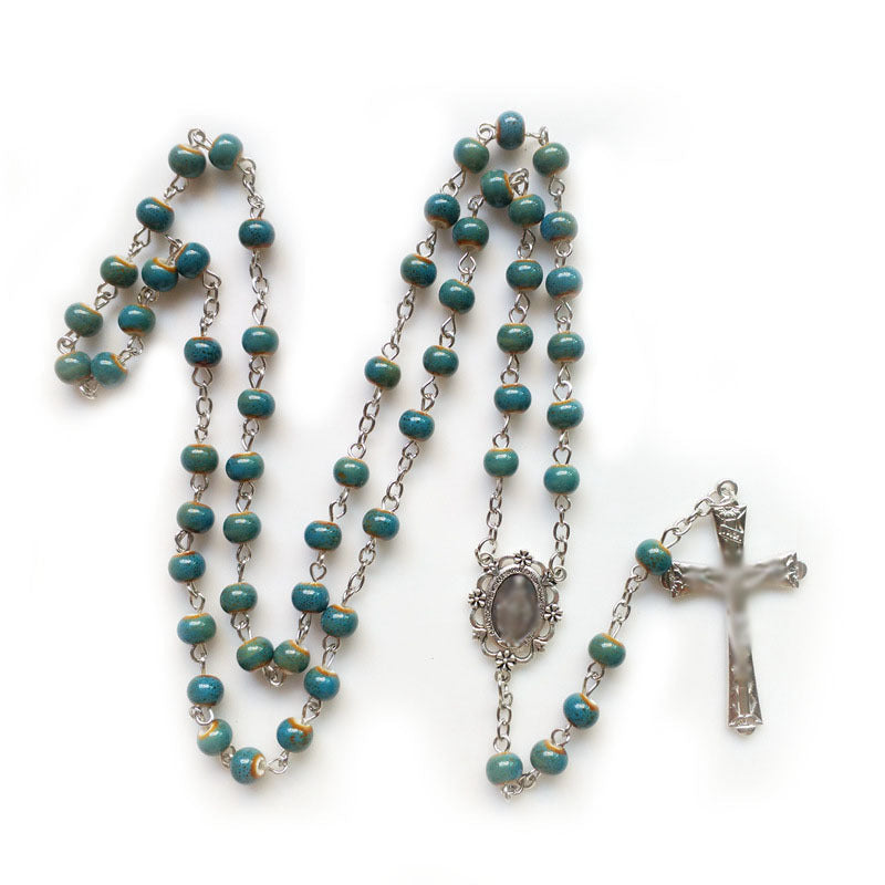 Handcrafted Turquoise Rosary with Miraculous Medal & Amber Beads