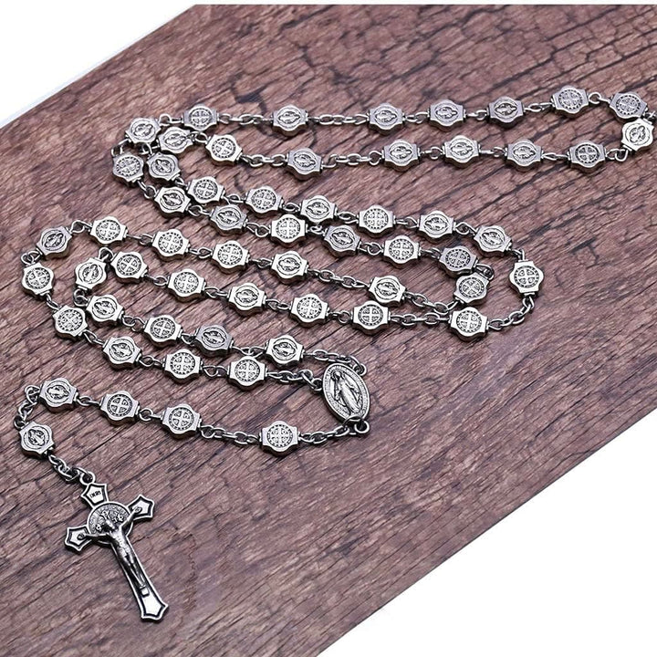 St. Benedict Medal & Crucifix, Polyhedron Silver Metal Alloy Chain Rosary