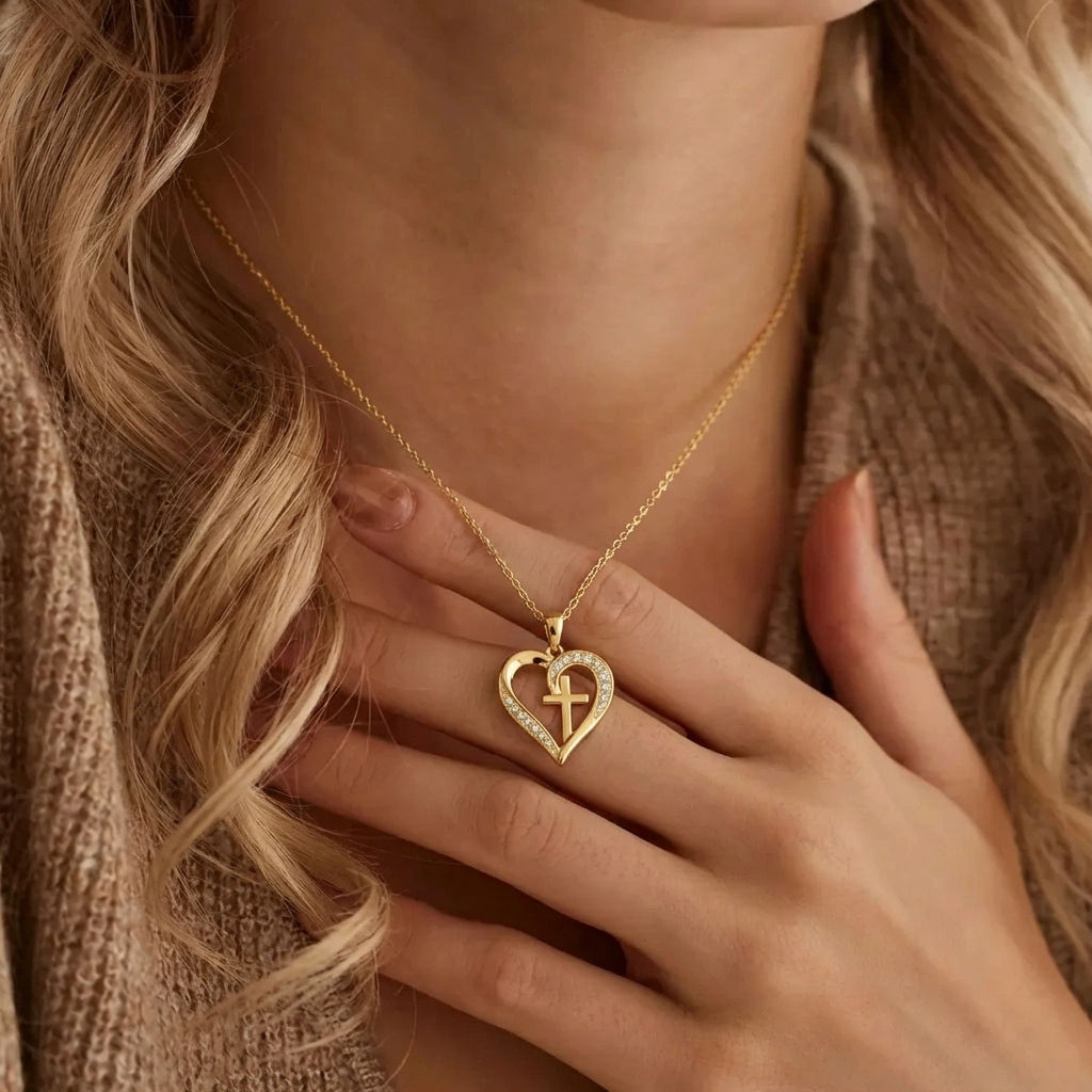 Crystal Heart Cross Necklace