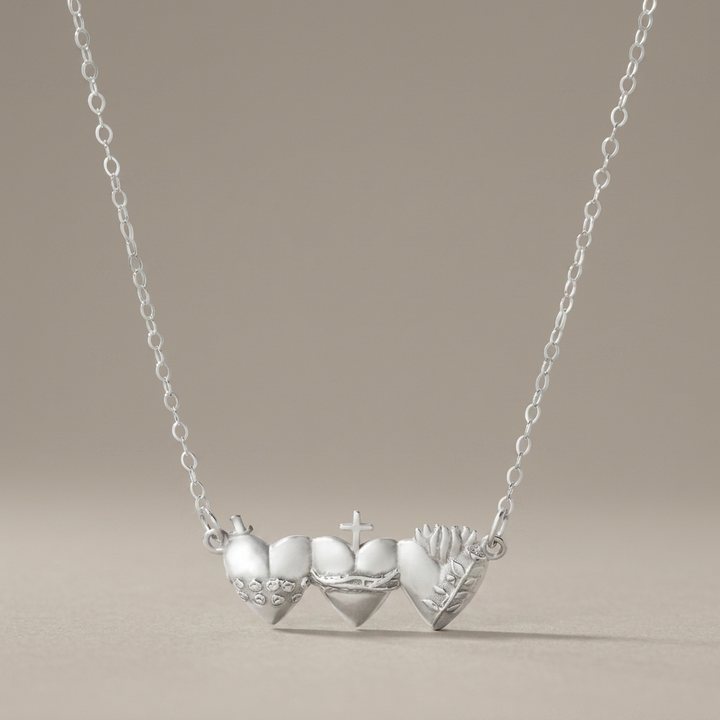 Sacred Hearts of the Holy Family Necklace in Sterling Silver