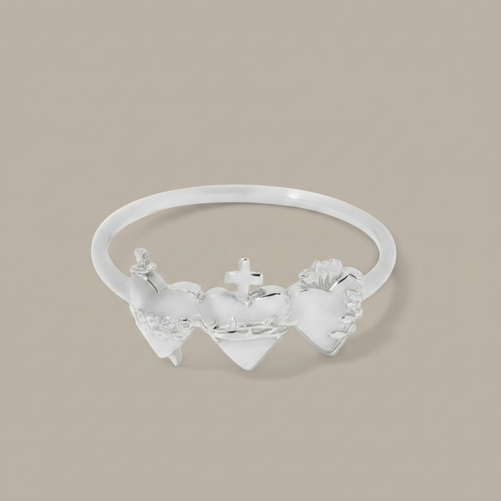 Sacred Hearts of the Holy Family Ring in Sterling Silver