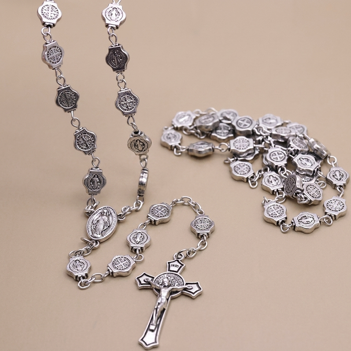 St. Benedict Medal & Crucifix, Polyhedron Silver Metal Alloy Chain Rosary