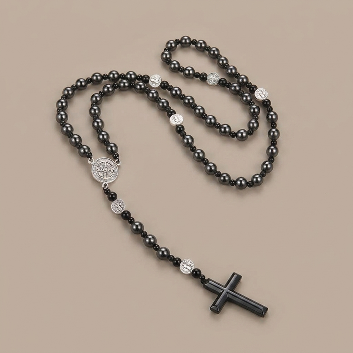 St. Benedict Medal & Cross, Round Black Multi-Material Nylon Cord Rosary