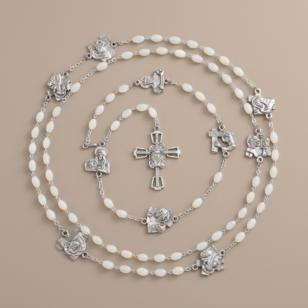 Via Crucis 14 Stations of the Cross Oval Mother of Pearl/Olive Wood Rosary