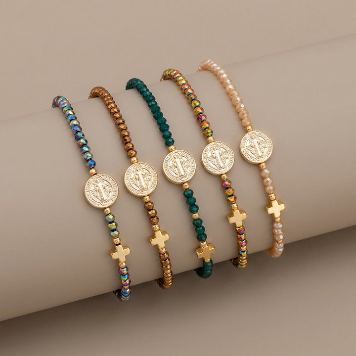 Handmade Earth Tone Rosary Bracelet with Cross & St. Benedict Charm