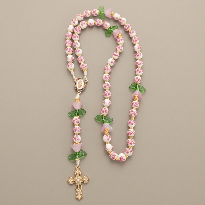 Divine Serenity Handmade Floral Rosary, Our Lady of Guadalupe & Crucifix, Ceramic & Jade