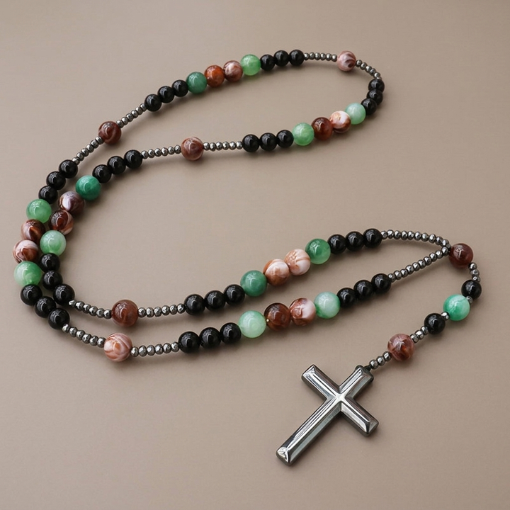 Agate & Tiger's Eye Stone Cross Catholic Rosary