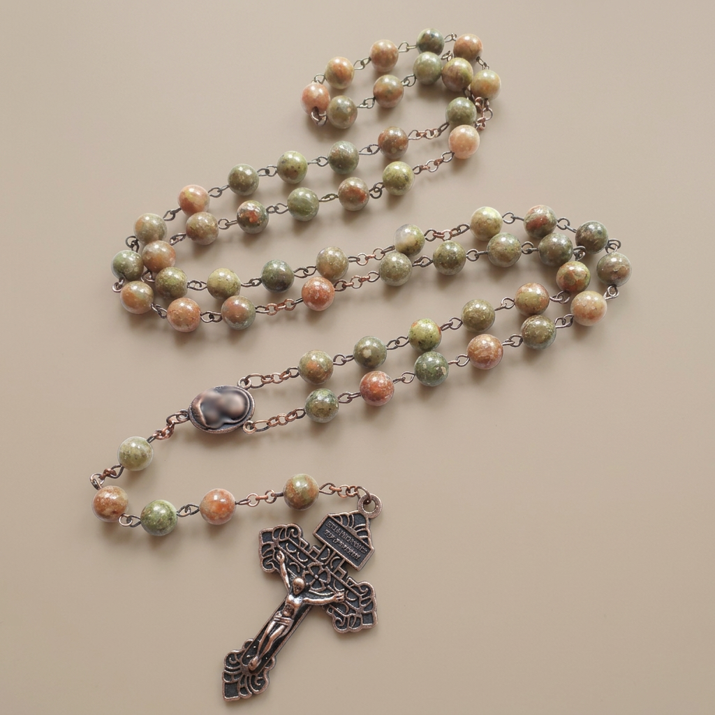 Retro Style Miraculous Medal & Crucifix, Matte African Turquoise Rosary