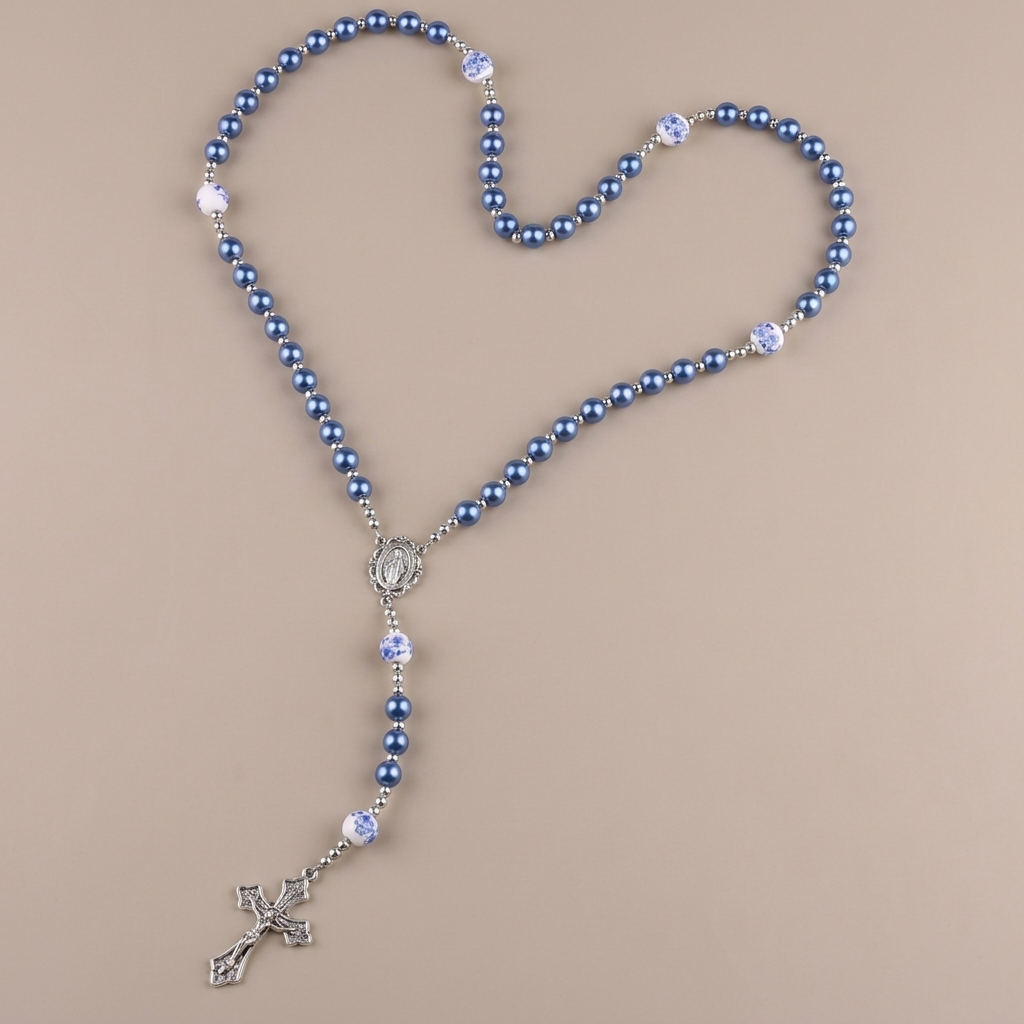 Miraculous Medal & Crucifix, Purple Pearl & Crystal Handmade Rosary